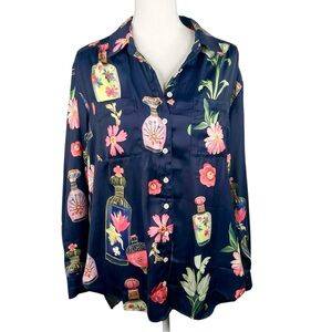 Anthropologie Blue Satin Vintage Perfume Bottle Floral Print Top Size Medium